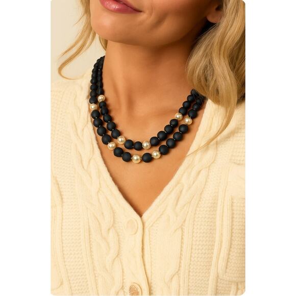 Talbots Navy Bead Faux Pearl Double Strand Statement Necklace Elegant Jewelry - Picture 4 of 8